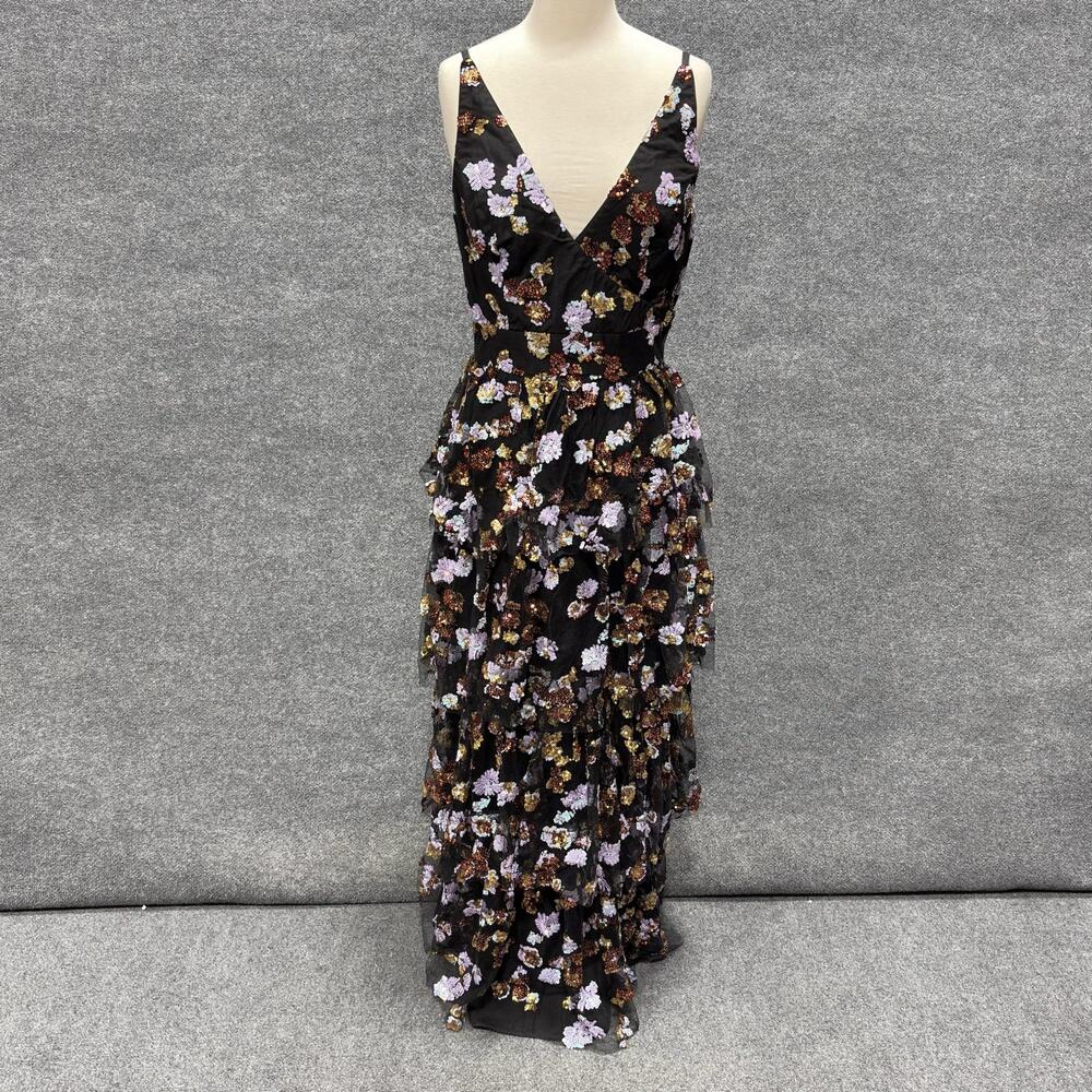 Dress The Population Sequin Floral Dress Womens L Black Lorain Tiered Maxi Gown